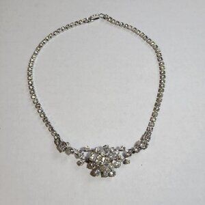 Vintage Necklace Silver Tone Clear Rhinestone 17 inch Glam Statement Estate